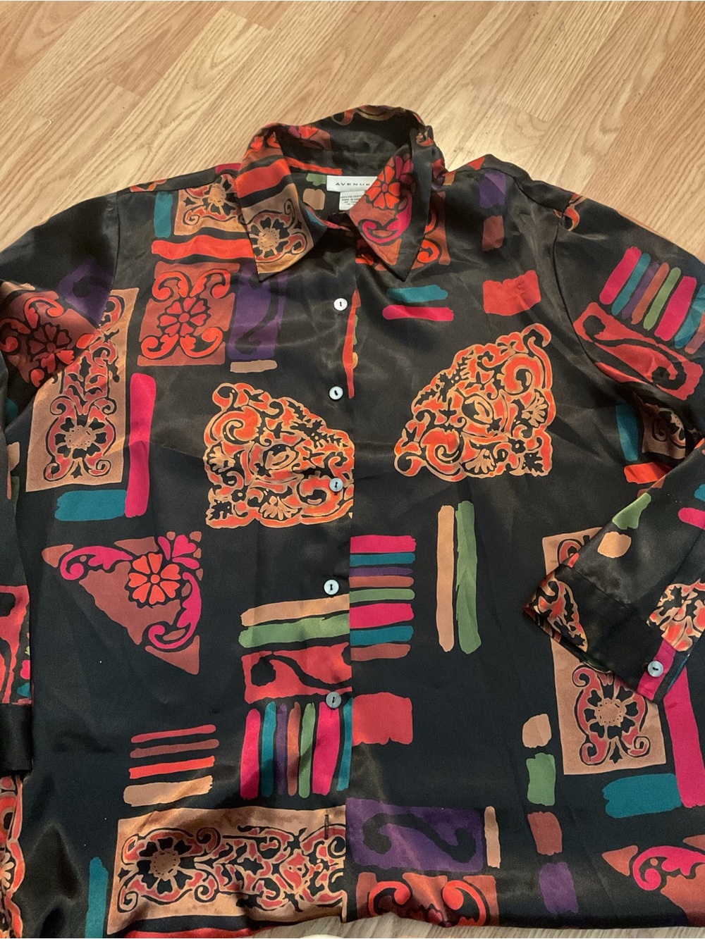 WOMENS VINTAGE AVENUE VERY SILKY Black Multicolor Long-Sleeve BLOUSE 18/20